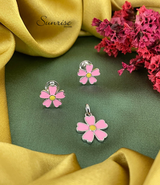 PINK FLOWER ENAMEL PENDANT SET