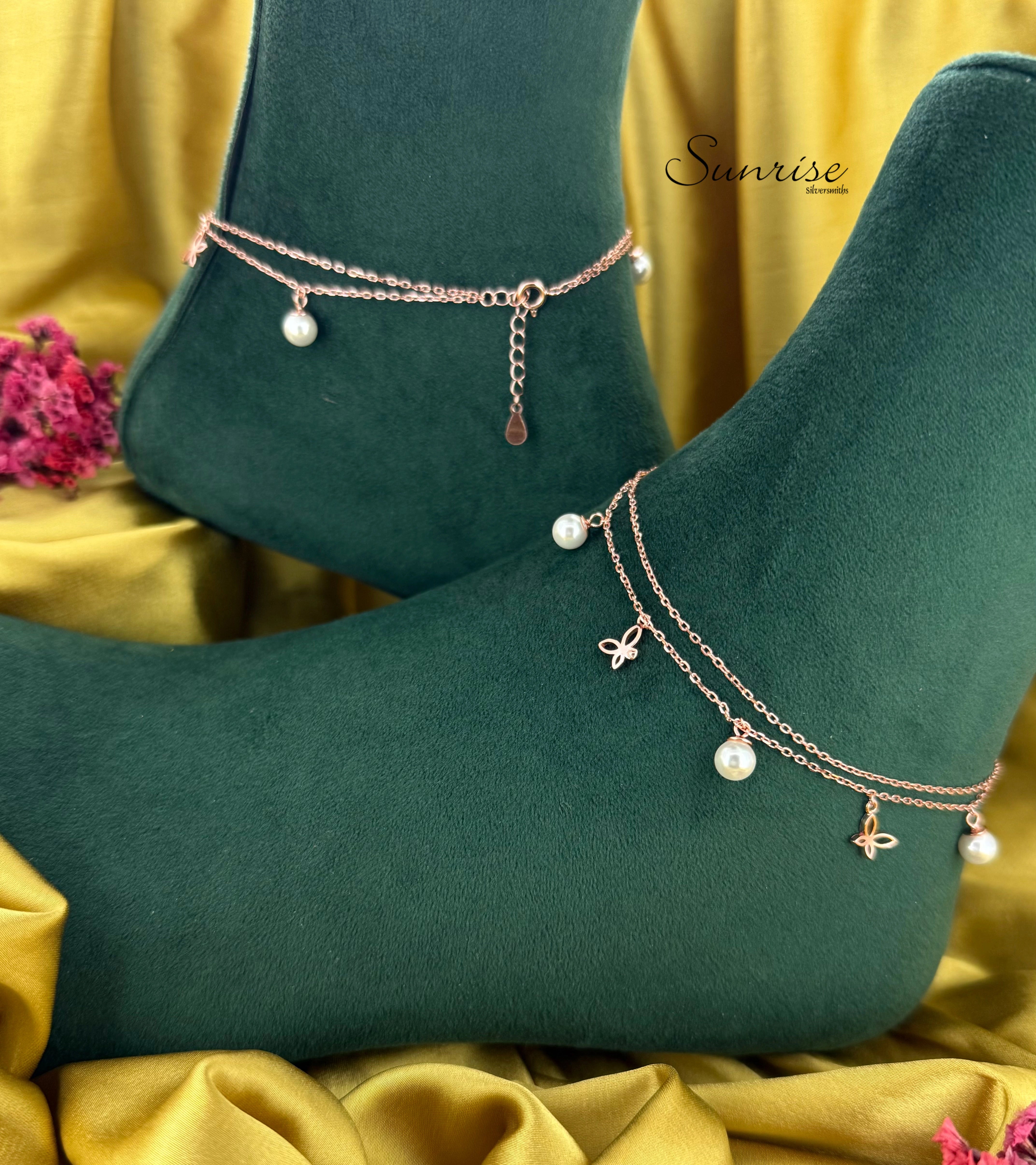 TWO LINE ROSE GOLD PEARL ANKLETS – Sunrise Silversmiths